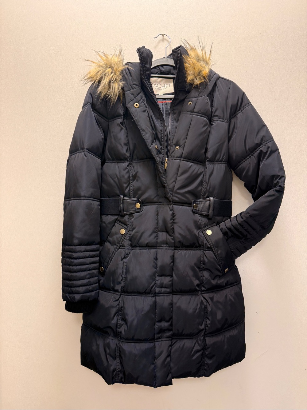 RACHEL Rachel Roy Black Quilted Puffer Coat with Faux Fur Trim